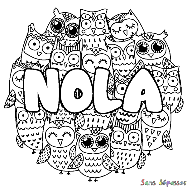 Coloriage pr&eacute;nom NOLA - d&eacute;cor Chouettes