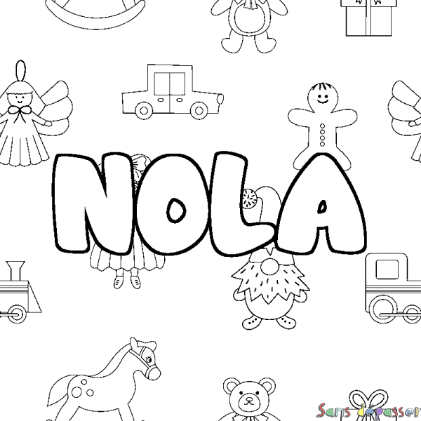 Coloriage pr&eacute;nom NOLA - d&eacute;cor Jouets