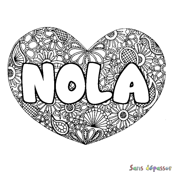 Coloriage pr&eacute;nom NOLA - d&eacute;cor Mandala coeur