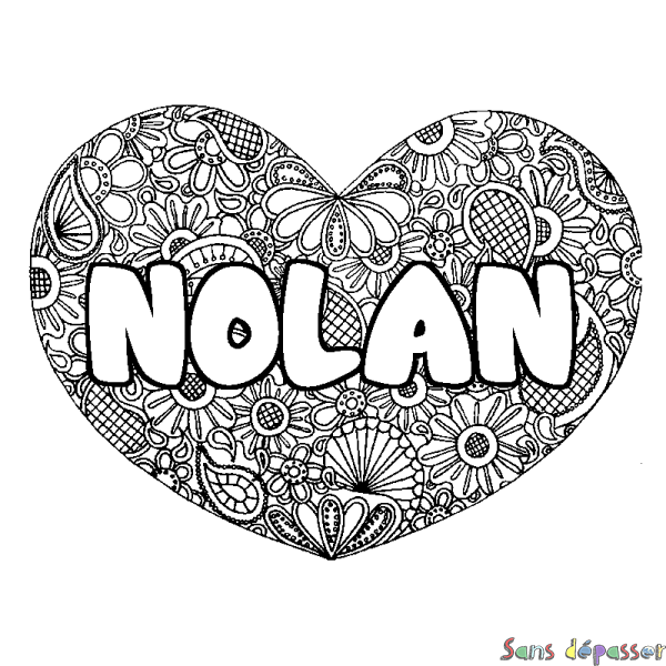 Coloriage prénom NOLAN - d&eacute;cor Mandala coeur