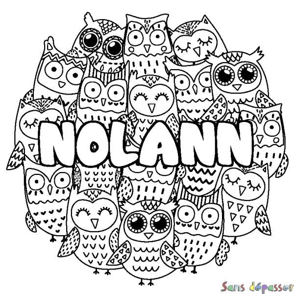 Coloriage pr&eacute;nom NOLANN - d&eacute;cor Chouettes