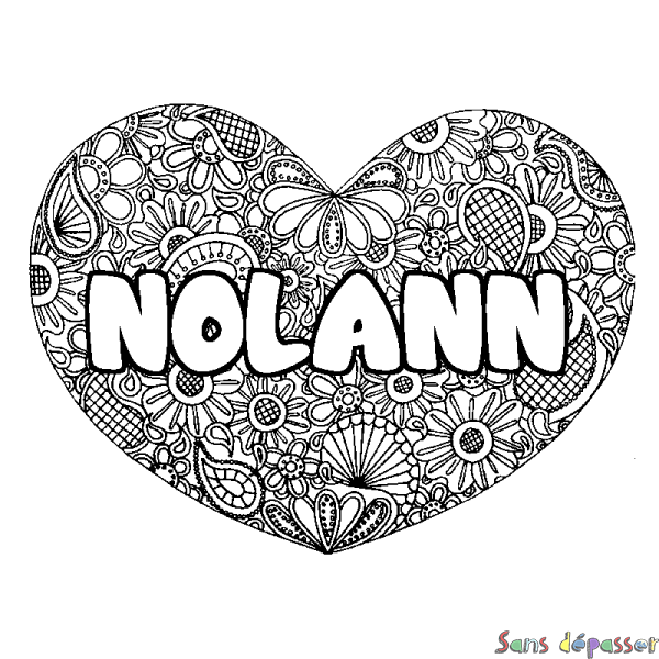 Coloriage pr&eacute;nom NOLANN - d&eacute;cor Mandala coeur