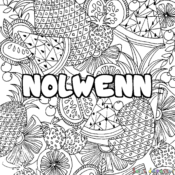 Coloriage pr&eacute;nom NOLWENN - d&eacute;cor Mandala fruits