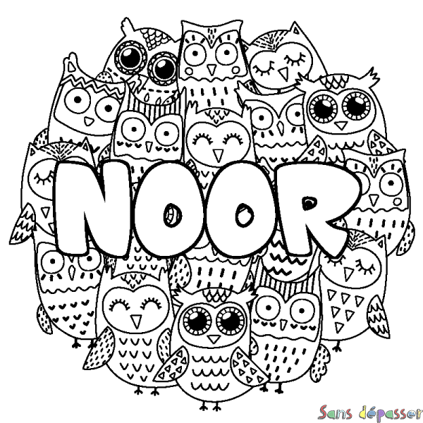 Coloriage pr&eacute;nom NOOR - d&eacute;cor Chouettes