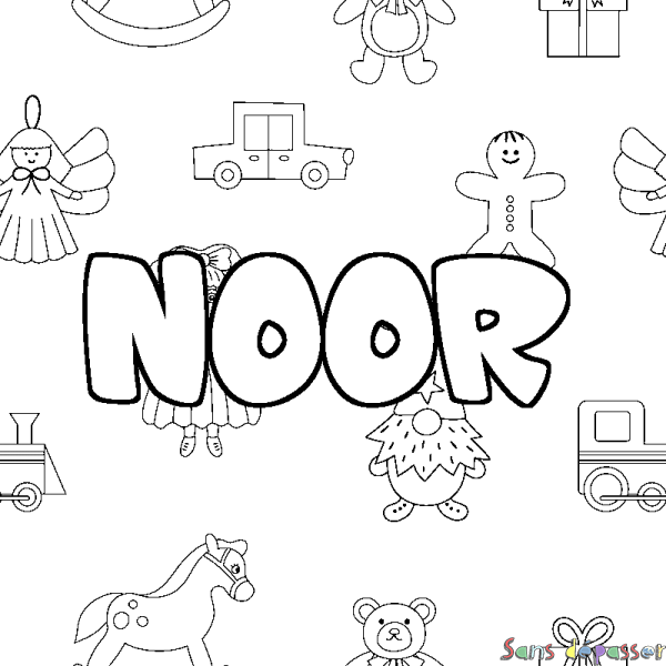 Coloriage pr&eacute;nom NOOR - d&eacute;cor Jouets