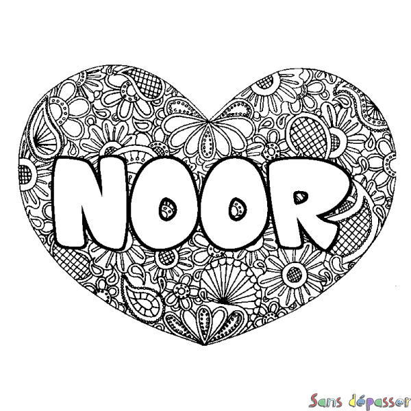 Coloriage pr&eacute;nom NOOR - d&eacute;cor Mandala coeur