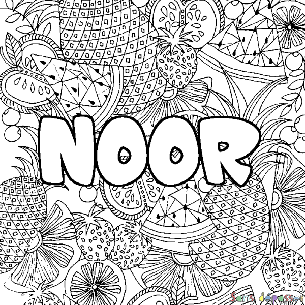 Coloriage pr&eacute;nom NOOR - d&eacute;cor Mandala fruits