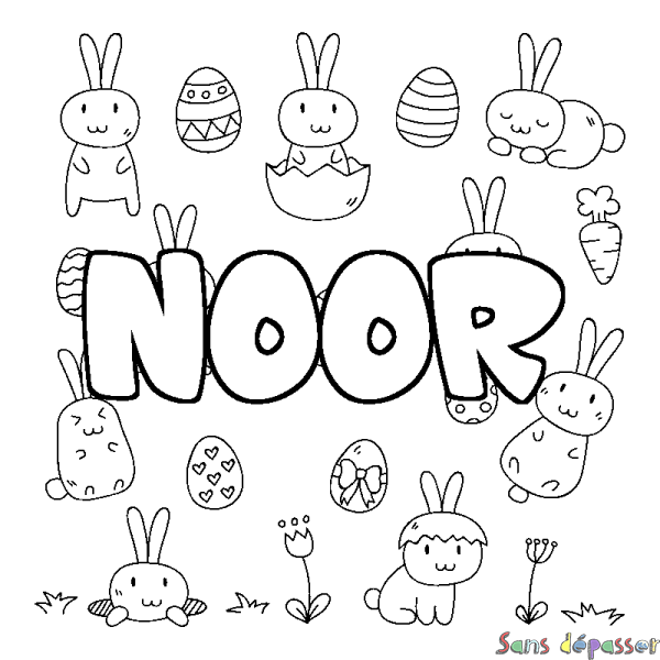 Coloriage pr&eacute;nom NOOR - d&eacute;cor Paques