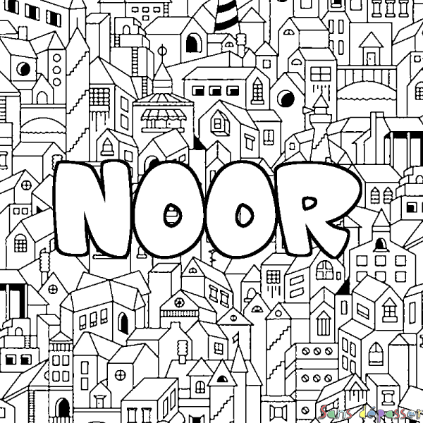 Coloriage pr&eacute;nom NOOR - d&eacute;cor Ville