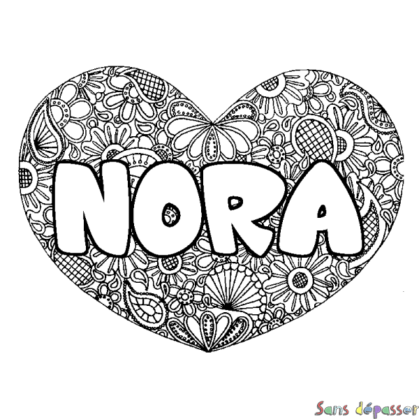Coloriage pr&eacute;nom NORA - d&eacute;cor Mandala coeur