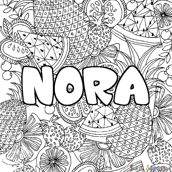 Coloriage pr&eacute;nom NORA - d&eacute;cor Mandala fruits