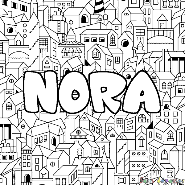 Coloriage pr&eacute;nom NORA - d&eacute;cor Ville