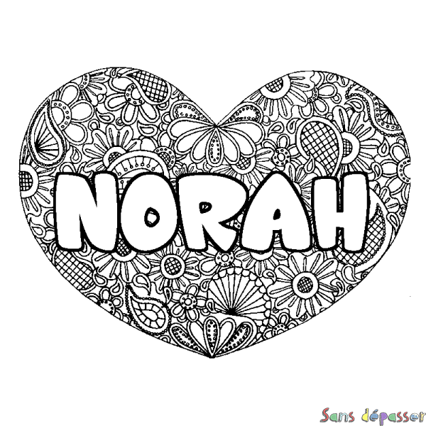Coloriage pr&eacute;nom NORAH - d&eacute;cor Mandala coeur