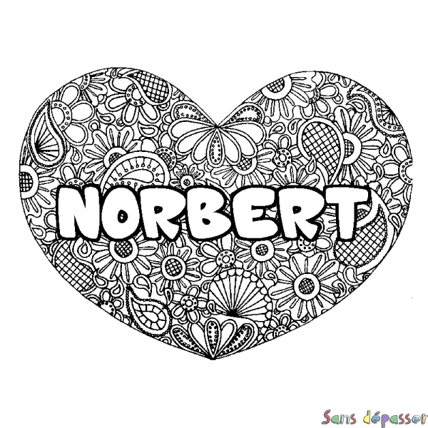 Coloriage pr&eacute;nom NORBERT - d&eacute;cor Mandala coeur