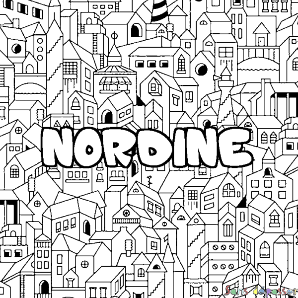 Coloriage pr&eacute;nom NORDINE - d&eacute;cor Ville