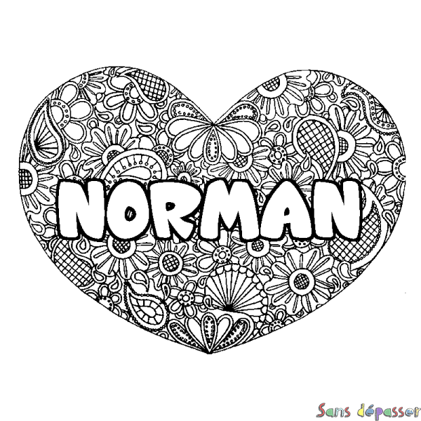 Coloriage pr&eacute;nom NORMAN - d&eacute;cor Mandala coeur