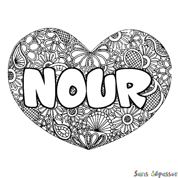 Coloriage pr&eacute;nom NOUR - d&eacute;cor Mandala coeur