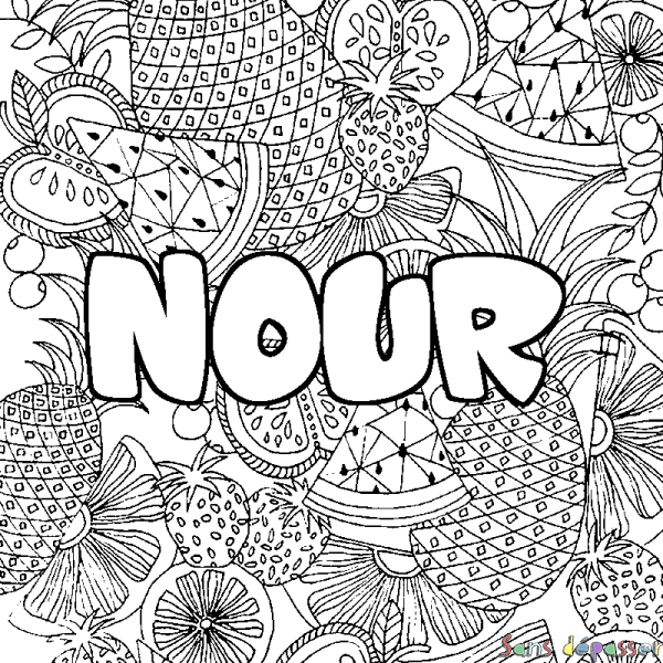 Coloriage pr&eacute;nom NOUR - d&eacute;cor Mandala fruits