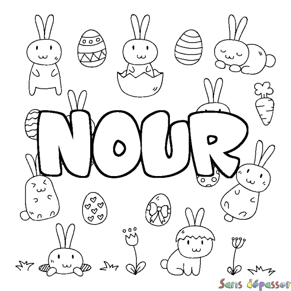 Coloriage pr&eacute;nom NOUR - d&eacute;cor Paques