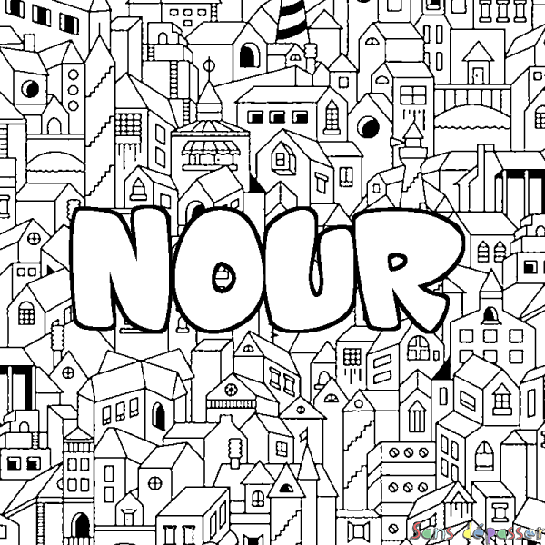 Coloriage pr&eacute;nom NOUR - d&eacute;cor Ville