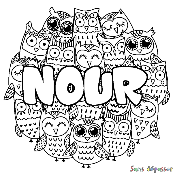 Coloriage pr&eacute;nom NOUR - d&eacute;cor Chouettes