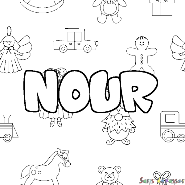 Coloriage pr&eacute;nom NOUR - d&eacute;cor Jouets