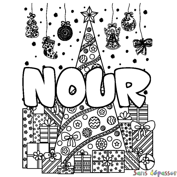 Coloriage pr&eacute;nom NOUR - d&eacute;cor Sapin et Cadeaux