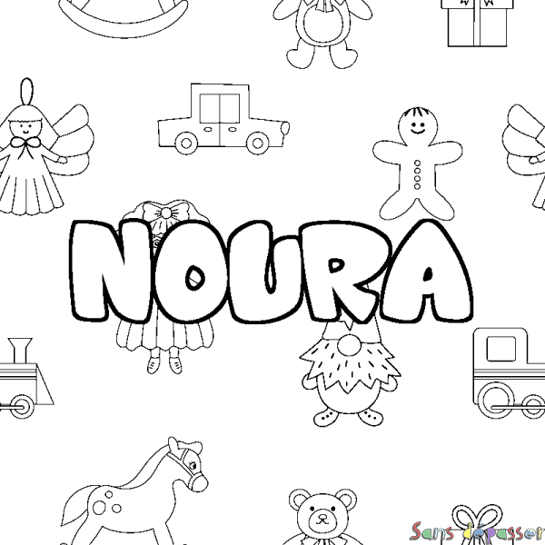 Coloriage pr&eacute;nom NOURA - d&eacute;cor Jouets