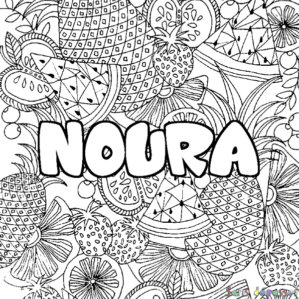 Coloriage pr&eacute;nom NOURA - d&eacute;cor Mandala fruits