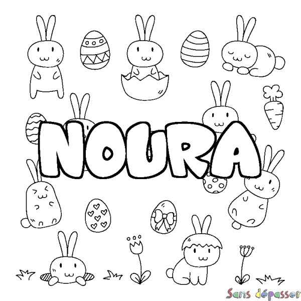 Coloriage pr&eacute;nom NOURA - d&eacute;cor Paques