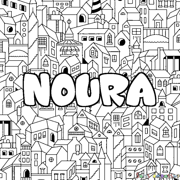 Coloriage pr&eacute;nom NOURA - d&eacute;cor Ville
