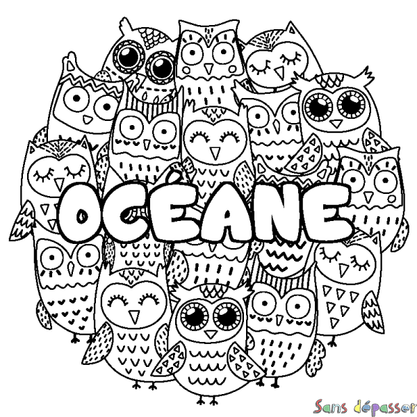Coloriage pr&eacute;nom OC&Eacute;ANE - d&eacute;cor Chouettes
