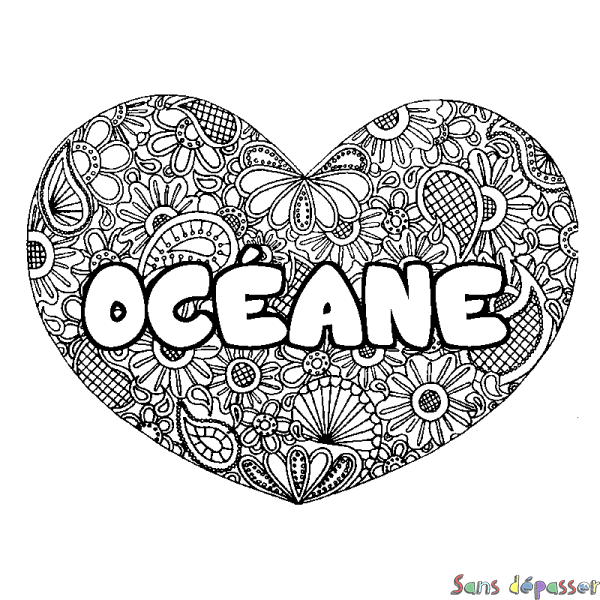 Coloriage pr&eacute;nom OC&Eacute;ANE - d&eacute;cor Mandala coeur