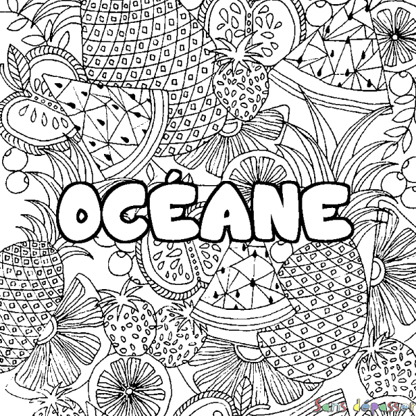 Coloriage pr&eacute;nom OC&Eacute;ANE - d&eacute;cor Mandala fruits