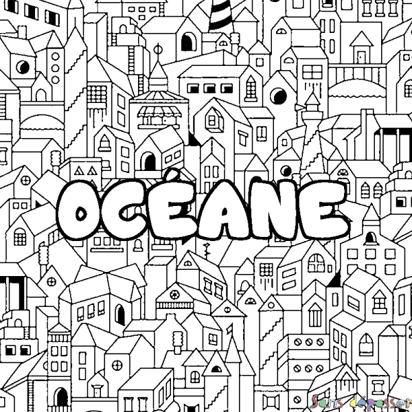 Coloriage pr&eacute;nom OC&Eacute;ANE - d&eacute;cor Ville