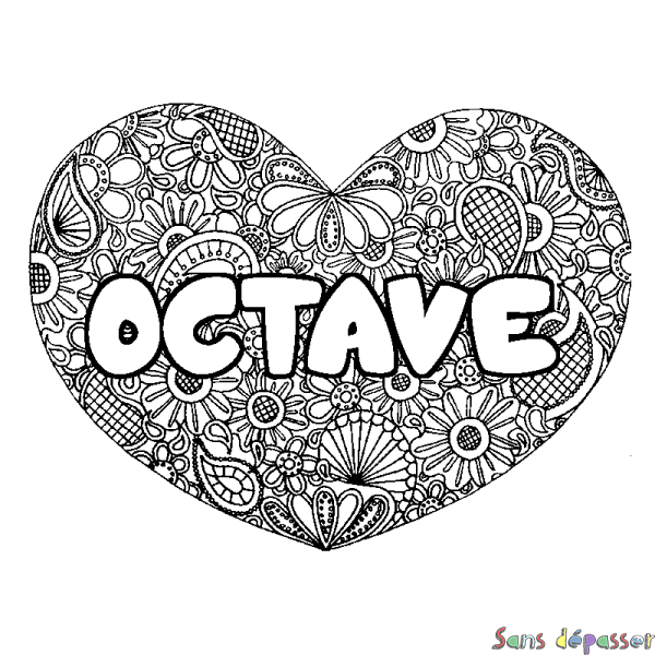 Coloriage pr&eacute;nom OCTAVE - d&eacute;cor Mandala coeur
