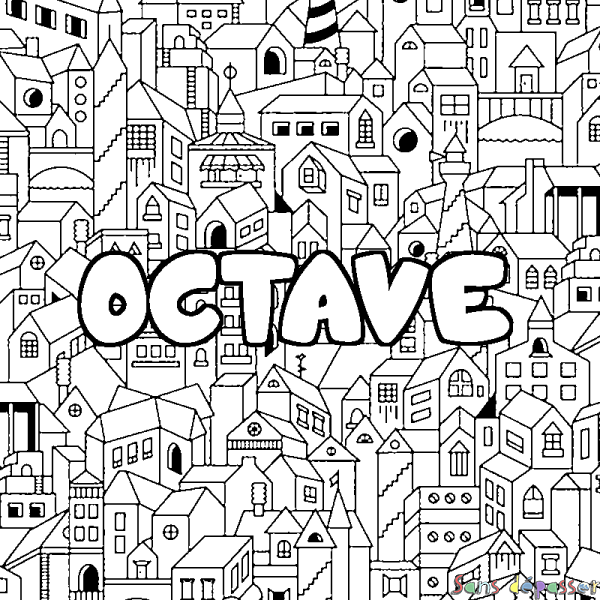 Coloriage pr&eacute;nom OCTAVE - d&eacute;cor Ville