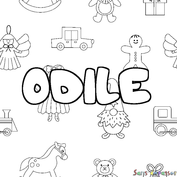 Coloriage pr&eacute;nom ODILE - d&eacute;cor Jouets