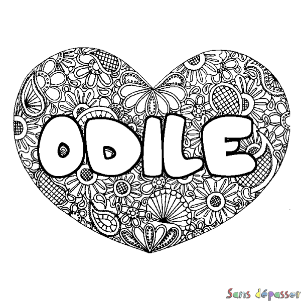 Coloriage pr&eacute;nom ODILE - d&eacute;cor Mandala coeur