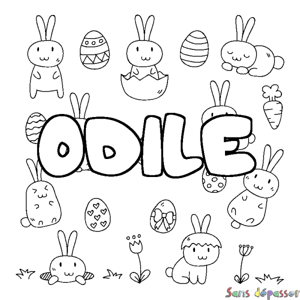 Coloriage pr&eacute;nom ODILE - d&eacute;cor Paques