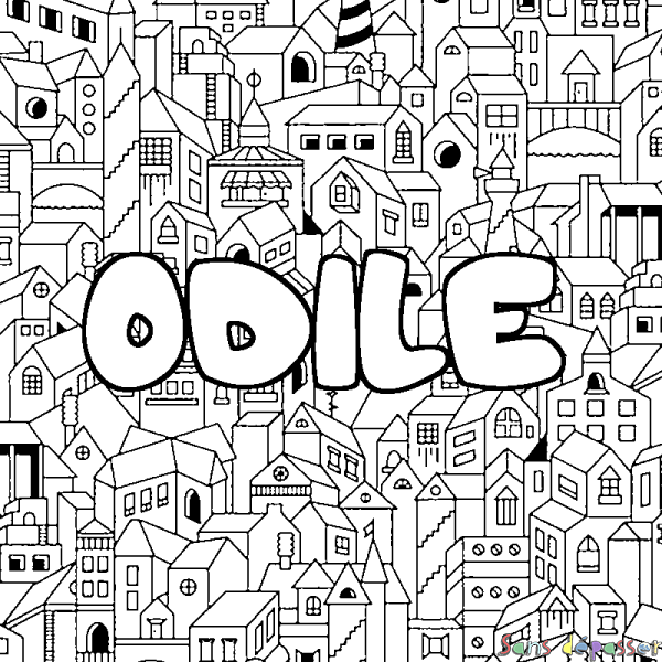 Coloriage pr&eacute;nom ODILE - d&eacute;cor Ville