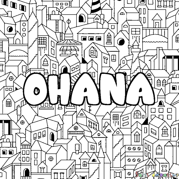 Coloriage pr&eacute;nom OHANA - d&eacute;cor Ville
