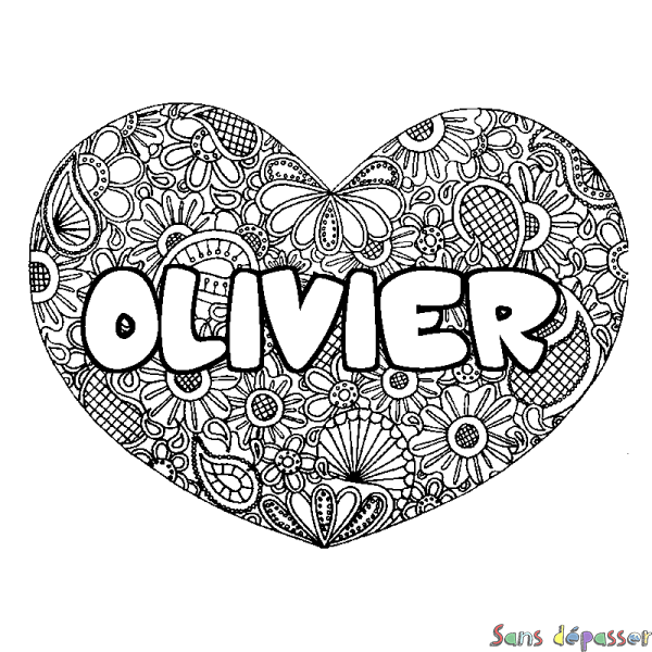 Coloriage pr&eacute;nom OLIVIER - d&eacute;cor Mandala coeur