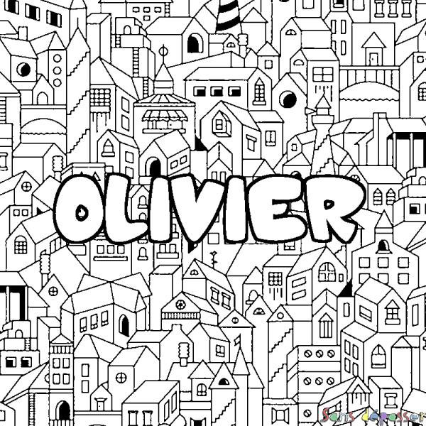 Coloriage pr&eacute;nom OLIVIER - d&eacute;cor Ville