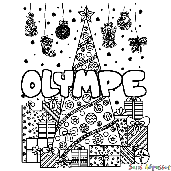 Coloriage prénom OLYMPE - d&eacute;cor Sapin et Cadeaux