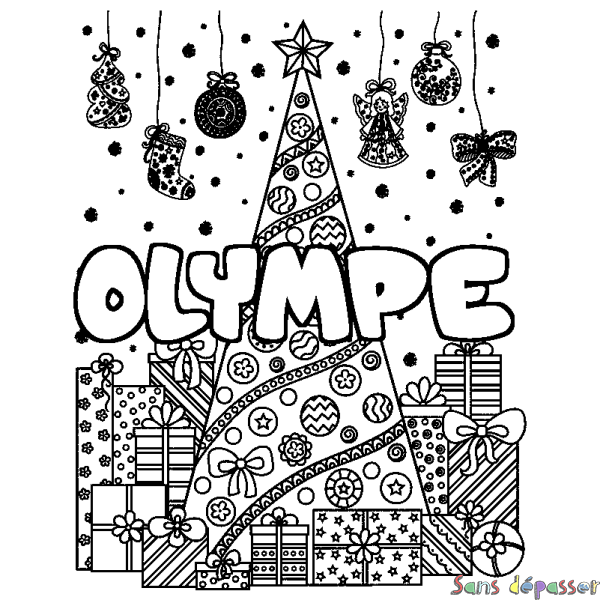 Coloriage pr&eacute;nom OLYMPE - d&eacute;cor Sapin et Cadeaux
