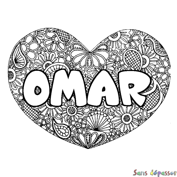 Coloriage prénom OMAR - d&eacute;cor Mandala coeur