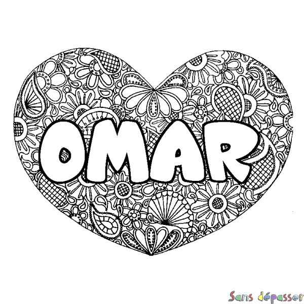 Coloriage pr&eacute;nom OMAR - d&eacute;cor Mandala coeur