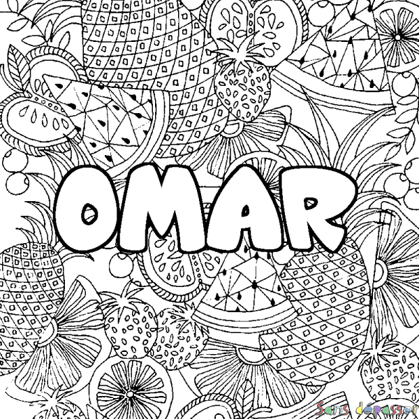 Coloriage prénom OMAR - d&eacute;cor Mandala fruits