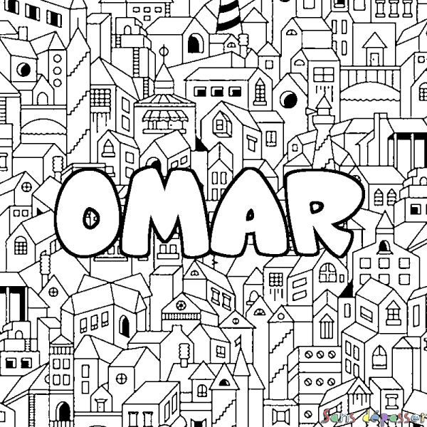 Coloriage prénom OMAR - d&eacute;cor Ville
